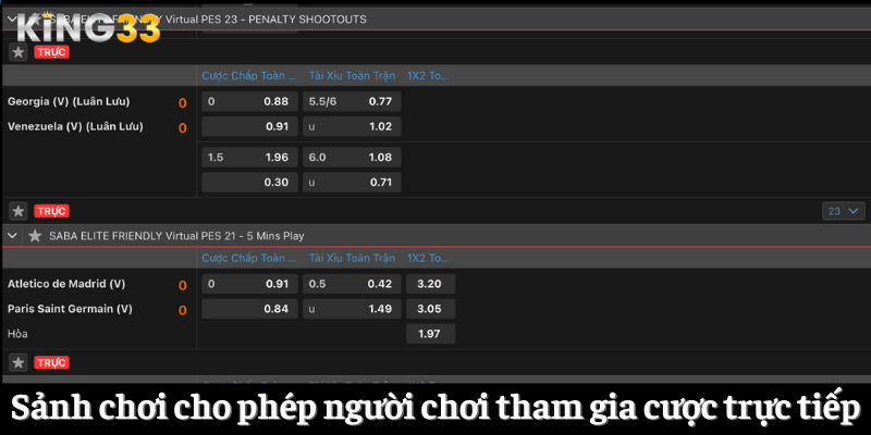 Sảnh chơi cho phép người chơi tham gia cược trực tiếp